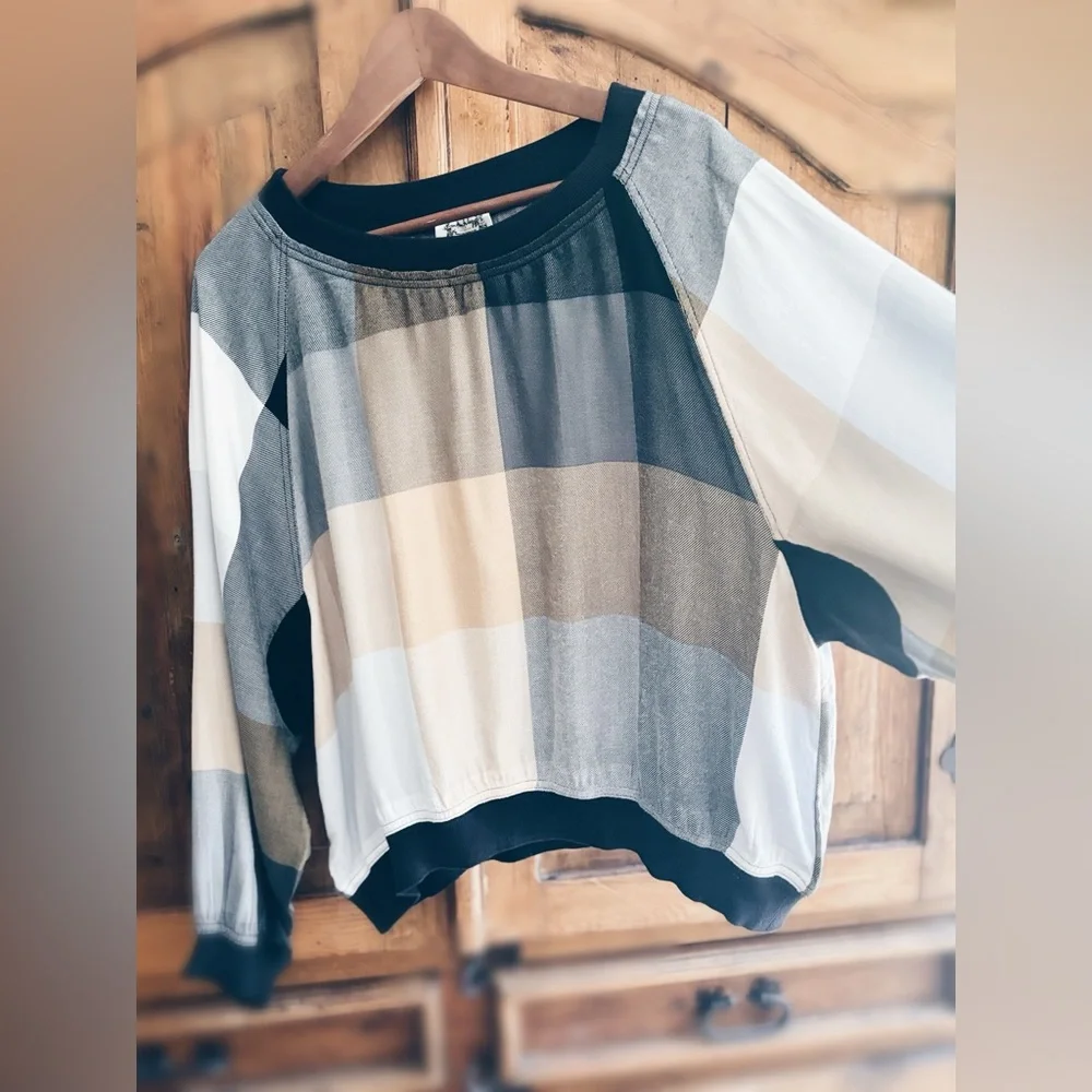 Free People Intimately Plaid Pullover - Heathered Taupe & Camel - Size L NWT